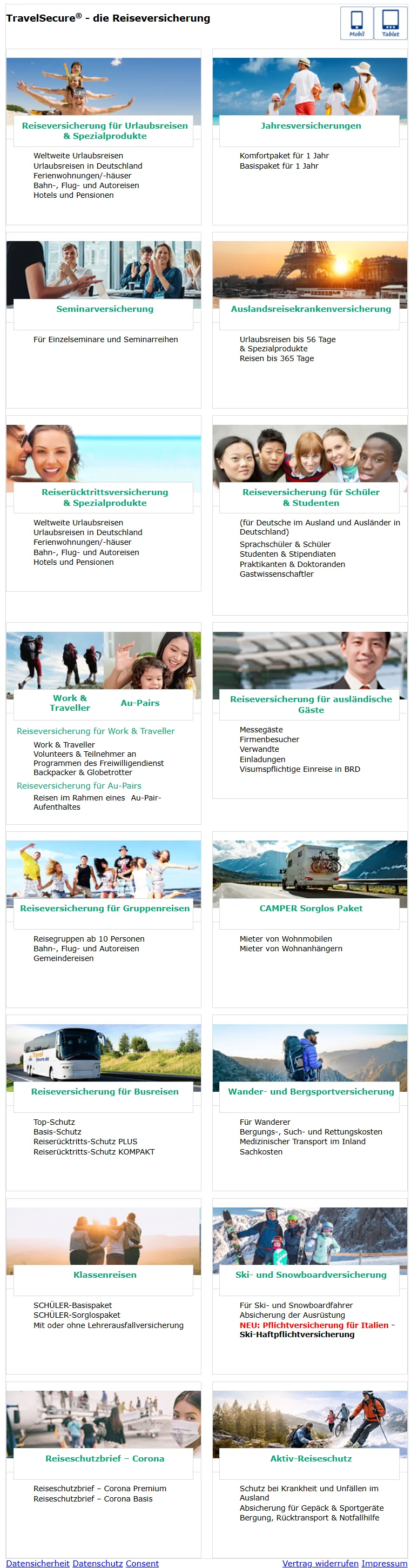 Übersicht des TravelSecure-Tarifrechners mit den Produktbereichen von Urlaubsreisen über Schüler und Au-Pairs bis zu Ski- und Wanderversicherung